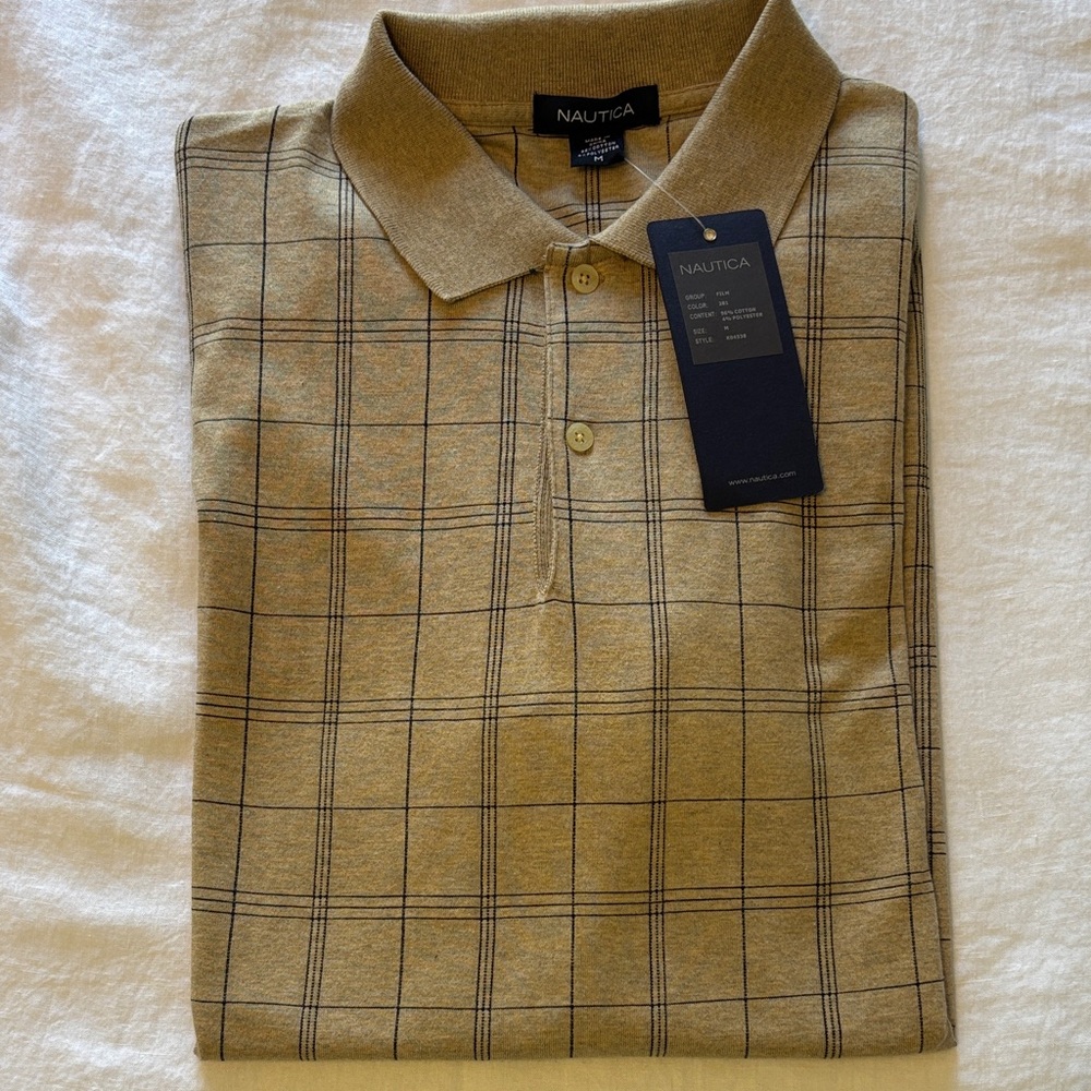 Nautica Men's Beige Blue Plaid Polo Shirt